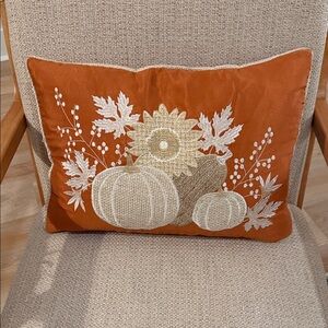 Orange Fall Decorative Pillow with Pumpkin and Sunflower Design